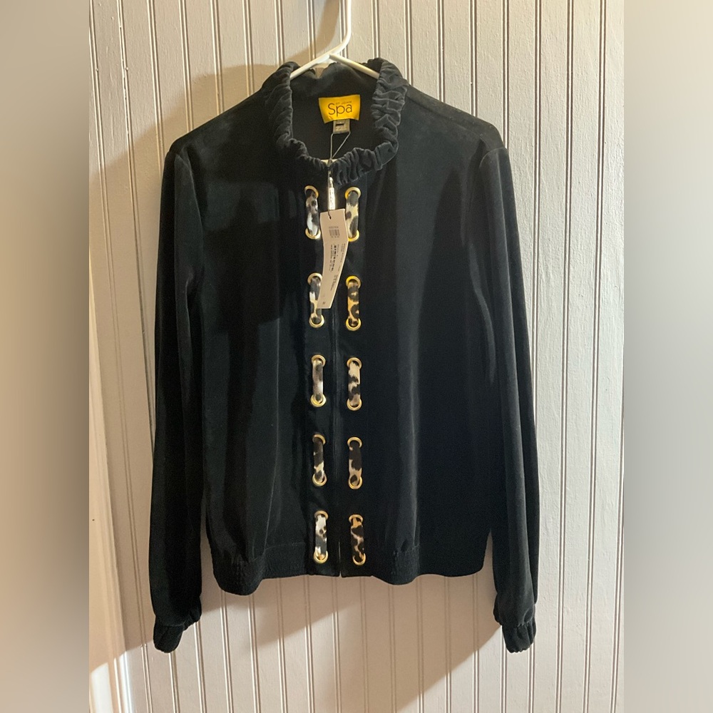 St. John Spa Black Jacket. Gold/Animal Print Details. Soft. Pockets NWT